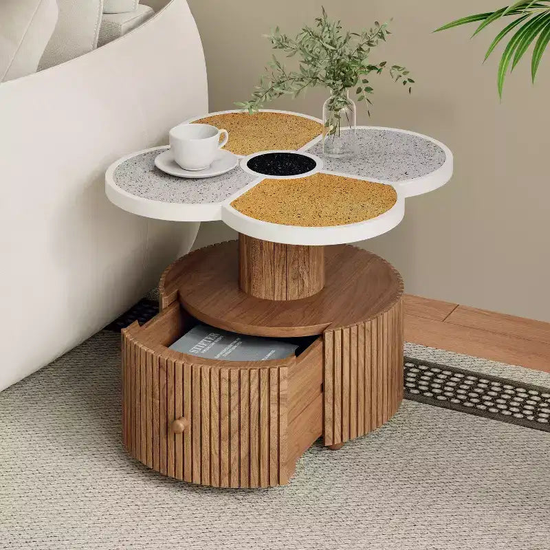 Table basse en forme de fleur avec tiroir de rangement – Noir / Naturel