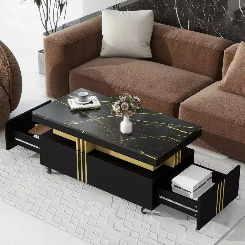 Table basse rectangulaire noire/blanche avec tiroirs de rangement et roulettes – 1 personne