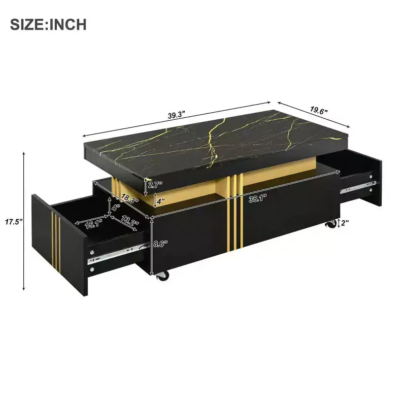 Table basse rectangulaire noire/blanche avec tiroirs de rangement et roulettes – 1 personne
