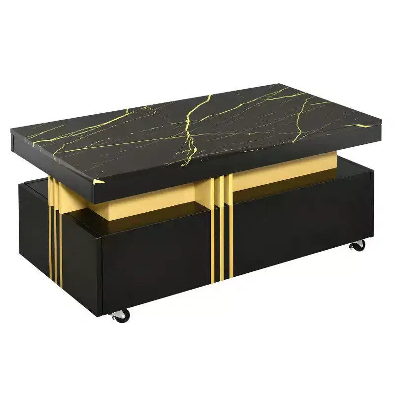 Table basse rectangulaire noire/blanche avec tiroirs de rangement et roulettes – 1 personne