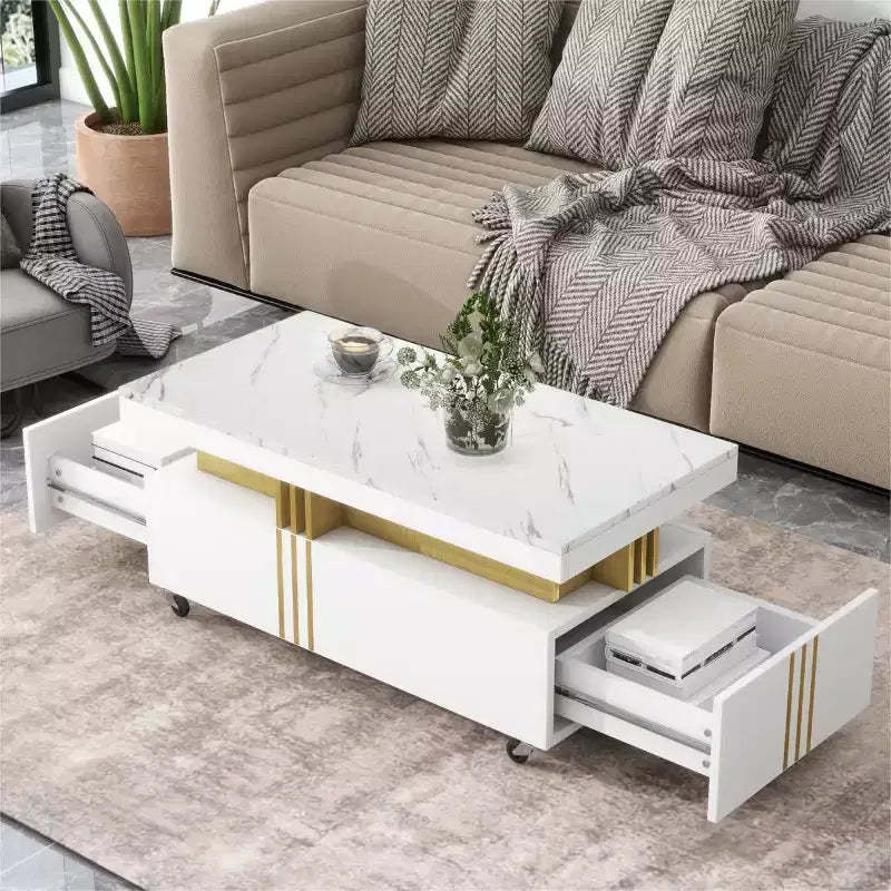 Table basse rectangulaire noire/blanche avec tiroirs de rangement et roulettes – 1 personne