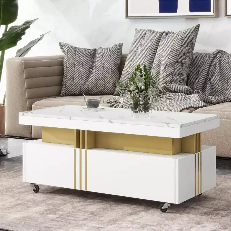 Table basse rectangulaire noire/blanche avec tiroirs de rangement et roulettes – 1 personne