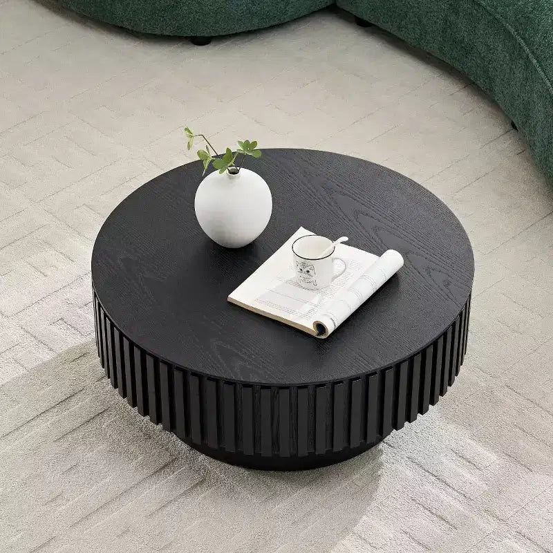 Table basse ronde cannelée avec rangement dissimulé – Frêne / Noir / Noyer – Pied central, 1 personne