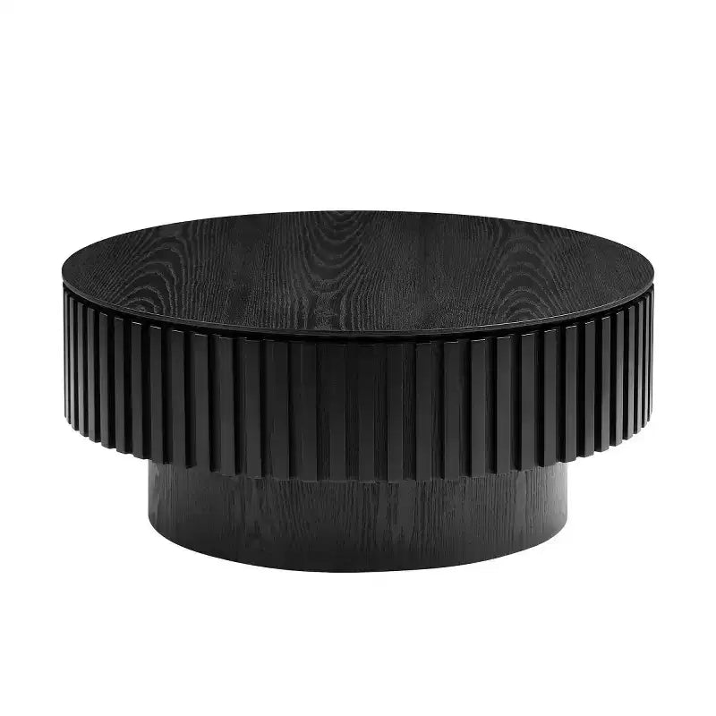 Table basse ronde cannelée avec rangement dissimulé – Frêne / Noir / Noyer – Pied central, 1 personne