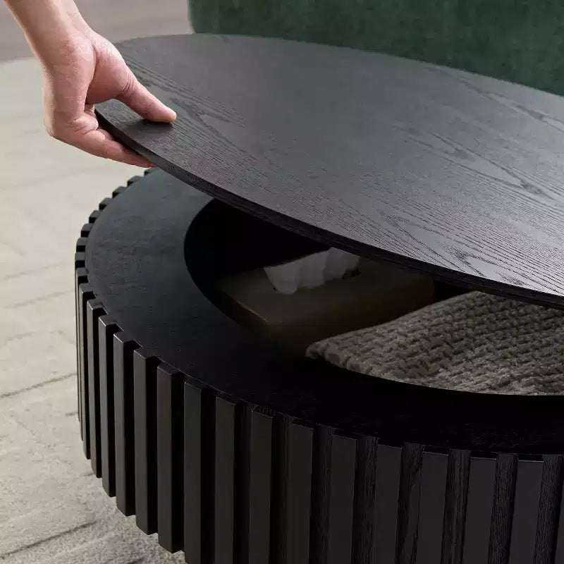 Table basse ronde cannelée avec rangement dissimulé – Frêne / Noir / Noyer – Pied central, 1 personne