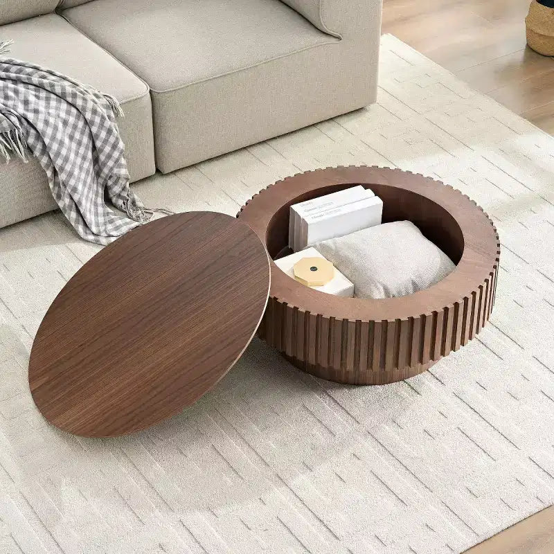 Table basse ronde cannelée avec rangement dissimulé – Frêne / Noir / Noyer – Pied central, 1 personne