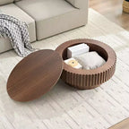 Table basse ronde cannelée avec rangement dissimulé – Frêne / Noir / Noyer – Pied central, 1 personne