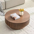 Table basse ronde cannelée avec rangement dissimulé – Frêne / Noir / Noyer – Pied central, 1 personne