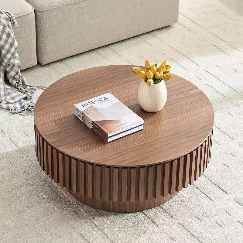 Table basse ronde cannelée avec rangement dissimulé – Frêne / Noir / Noyer – Pied central, 1 personne