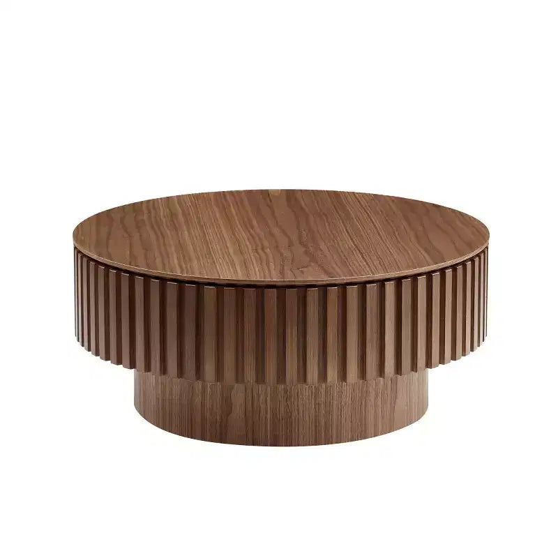 Table basse ronde cannelée avec rangement dissimulé – Frêne / Noir / Noyer – Pied central, 1 personne