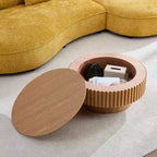 Table basse ronde cannelée avec rangement dissimulé – Frêne / Noir / Noyer – Pied central, 1 personne