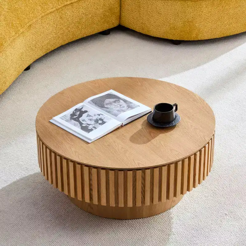 Table basse ronde cannelée avec rangement dissimulé – Frêne / Noir / Noyer – Pied central, 1 personne