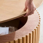 Table basse ronde cannelée avec rangement dissimulé – Frêne / Noir / Noyer – Pied central, 1 personne