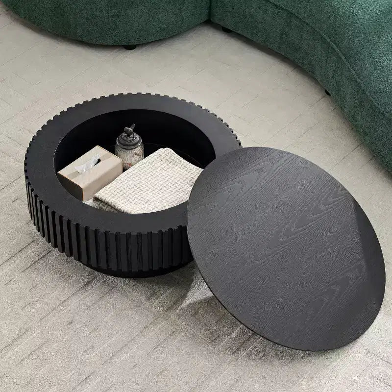 Table basse ronde cannelée avec rangement dissimulé – Frêne / Noir / Noyer – Pied central, 1 personne
