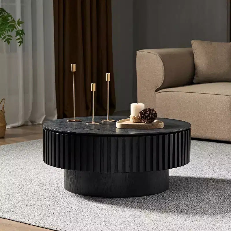Table basse ronde cannelée avec rangement dissimulé – Frêne / Noir / Noyer – Pied central, 1 personne