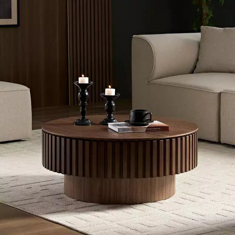 Table basse ronde cannelée avec rangement dissimulé – Frêne / Noir / Noyer – Pied central, 1 personne