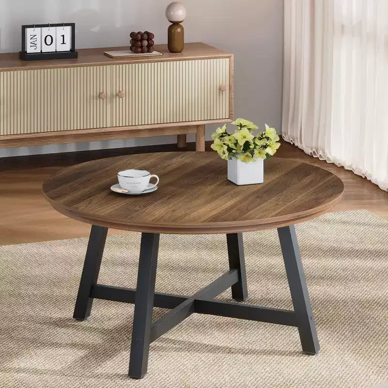 36 Round Coffee Table, Large Accent Tables with Adjustable Feet, Living Room Tables with Thickened Legs and Designed Wood Grain, Easy Assemble