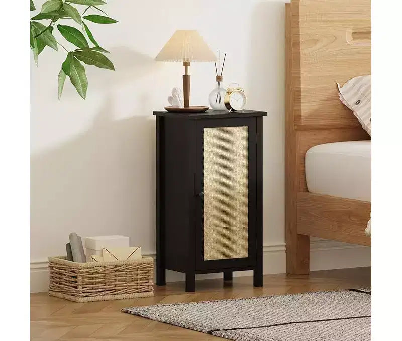 Table de chevet en rotin noir avec tiroir – Table de chevet 1 personne
