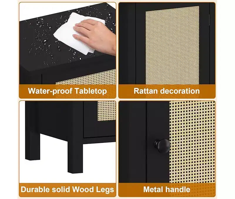 Table de chevet en rotin noir avec tiroir – Table de chevet 1 personne