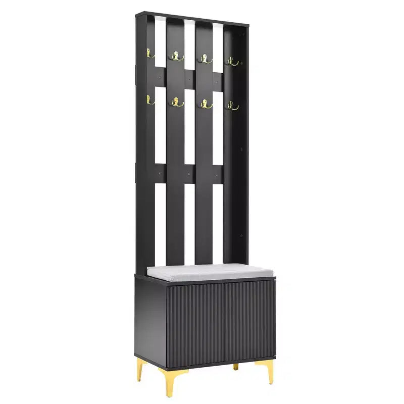 Meuble d'entrée noir moderne avec banc capitonné et 8 patères – 1 personne