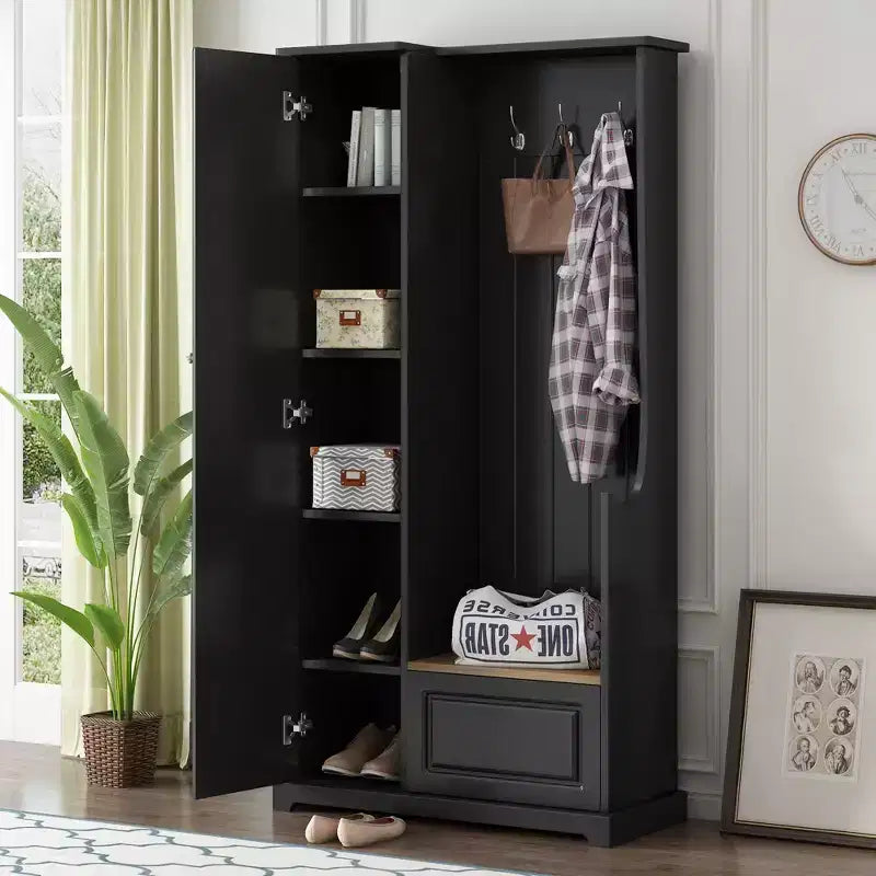 Arbre d'entrée noir avec banc escamotable, porte-manteau et meuble à chaussures – 1 personne