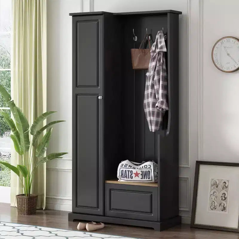 Arbre d'entrée noir avec banc escamotable, porte-manteau et meuble à chaussures – 1 personne