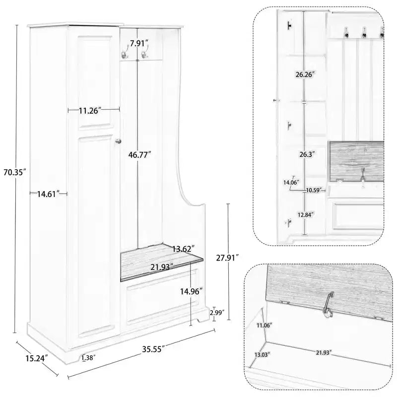 Arbre d'entrée noir avec banc escamotable, porte-manteau et meuble à chaussures – 1 personne