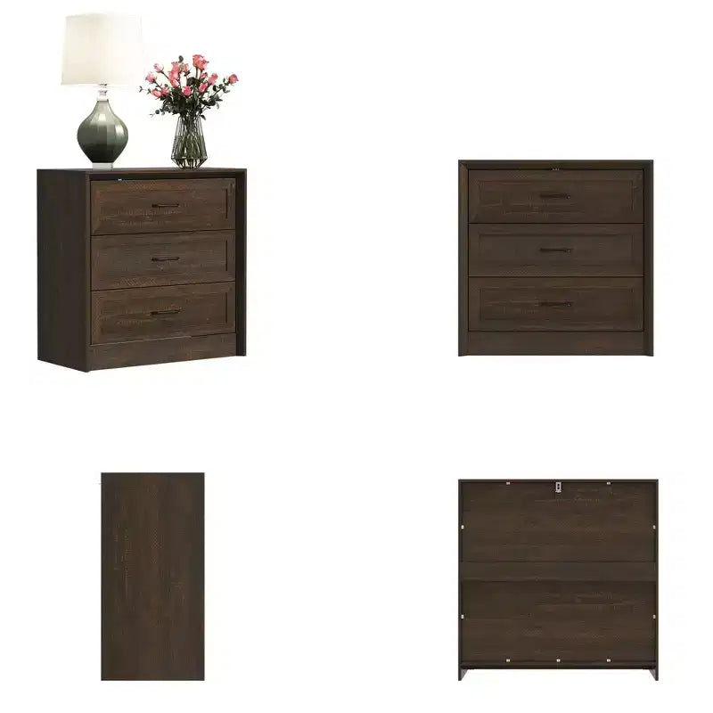 Table de chevet 3 tiroirs marron/blanc, style rustique, assemblage par 1 personne