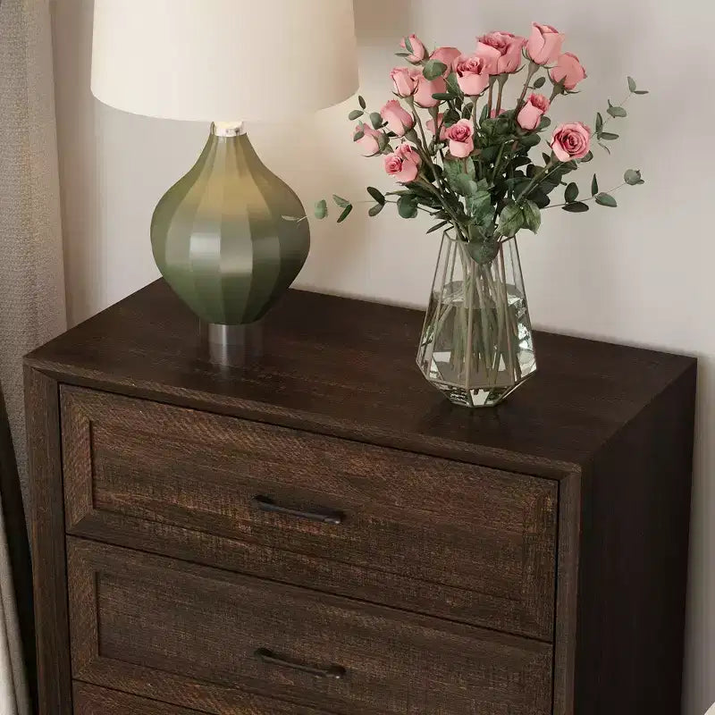 Table de chevet 3 tiroirs marron/blanc, style rustique, assemblage par 1 personne