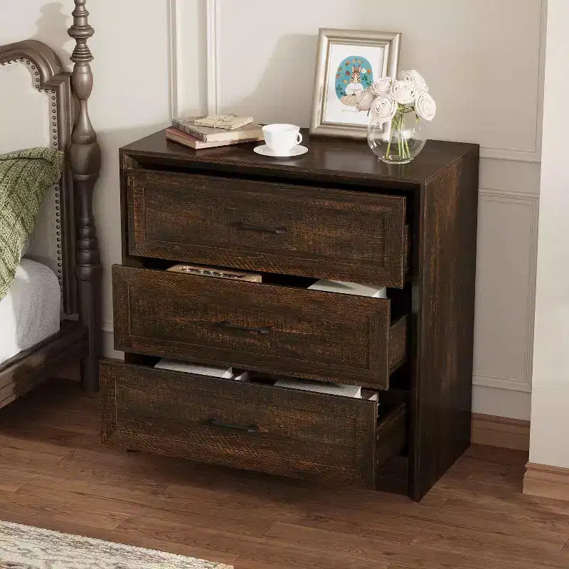 Table de chevet 3 tiroirs marron/blanc, style rustique, assemblage par 1 personne