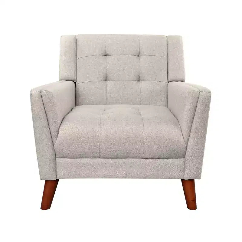 Fauteuil capitonné beige avec pieds en bois, une place