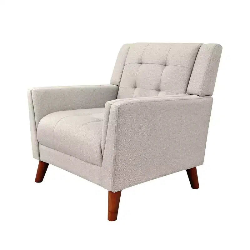 Fauteuil capitonné beige avec pieds en bois, une place
