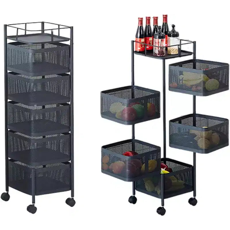 Chariot de rangement rotatif à 5 niveaux noir/blanc avec étagères en maille et roulettes