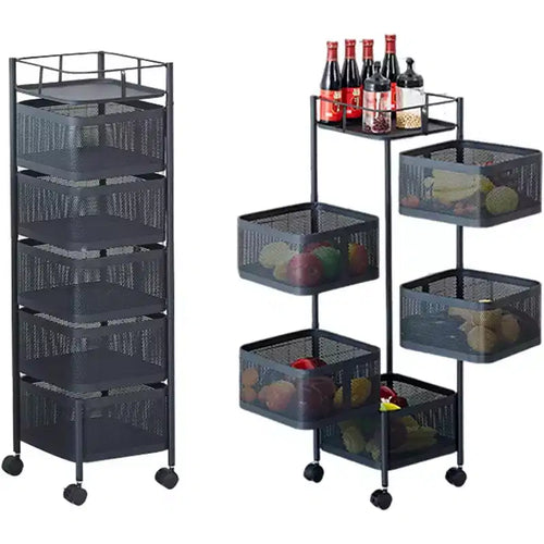 Chariot de rangement rotatif à 5 niveaux noir/blanc avec étagères en maille et roulettes