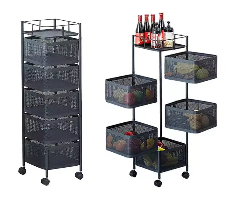 Chariot de rangement rotatif à 5 niveaux noir/blanc avec étagères en maille et roulettes