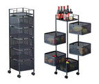 Chariot de rangement rotatif à 5 niveaux noir/blanc avec étagères en maille et roulettes