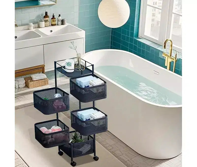 Chariot de rangement rotatif à 5 niveaux noir/blanc avec étagères en maille et roulettes