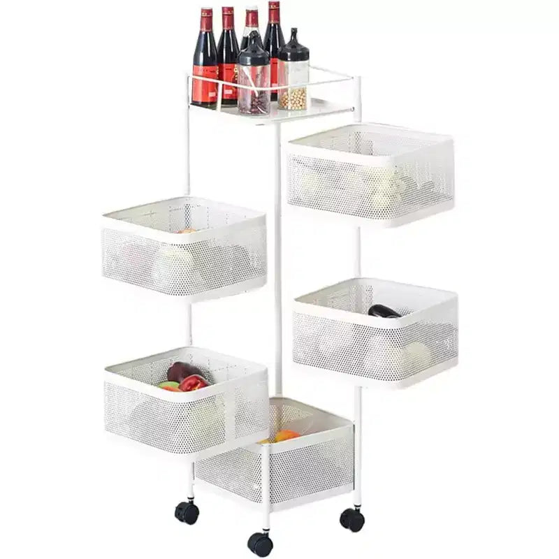 Chariot de rangement rotatif à 5 niveaux noir/blanc avec étagères en maille et roulettes