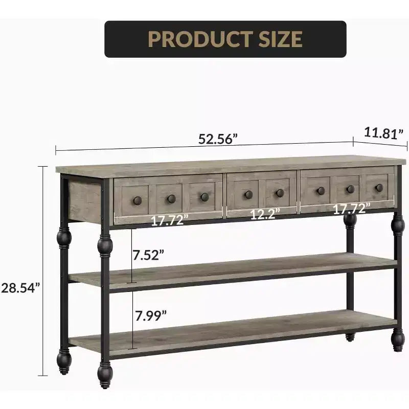 Console industrielle marron/grise, 3 tiroirs et 3 étagères, pour 1