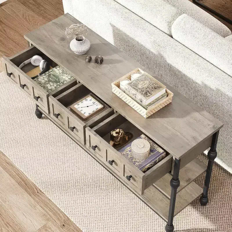 Console industrielle marron/grise, 3 tiroirs et 3 étagères, pour 1