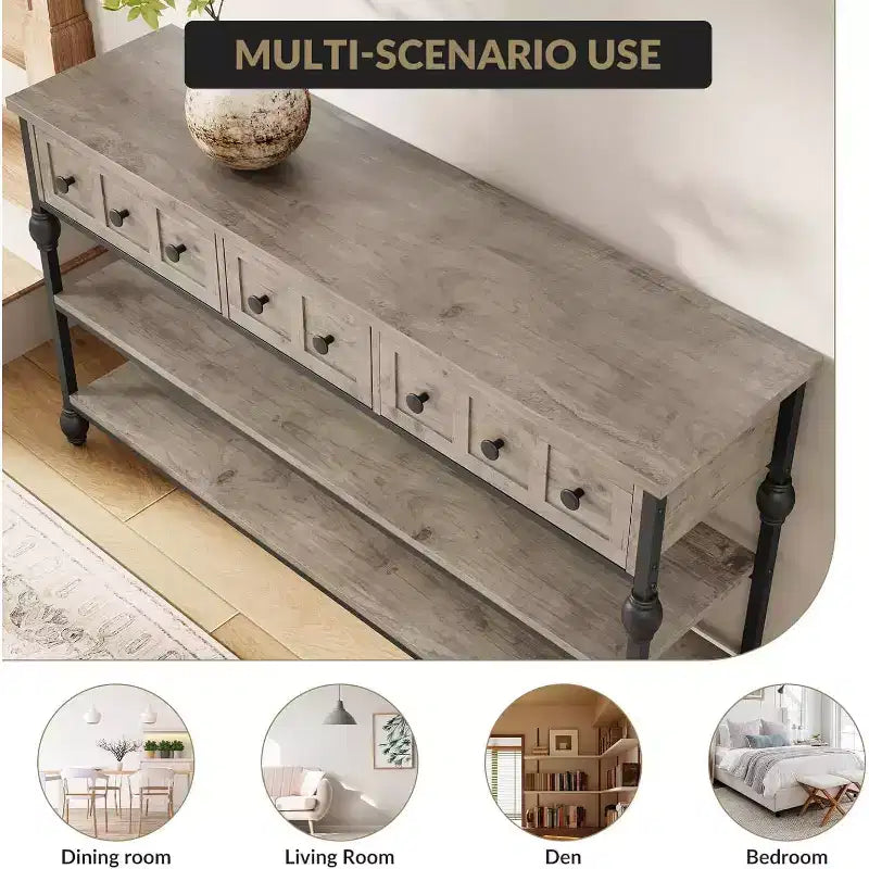 Console industrielle marron/grise, 3 tiroirs et 3 étagères, pour 1