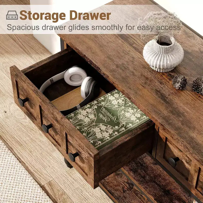 Console industrielle marron/grise, 3 tiroirs et 3 étagères, pour 1