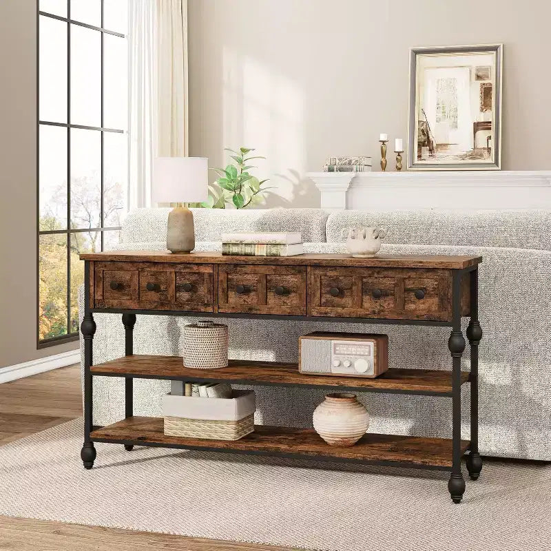 53 Console Sofa Table with 3 Drawers, Industrial Entryway Table with 3-Tier Storage Shelves, for Hallway, Living Room, Office
