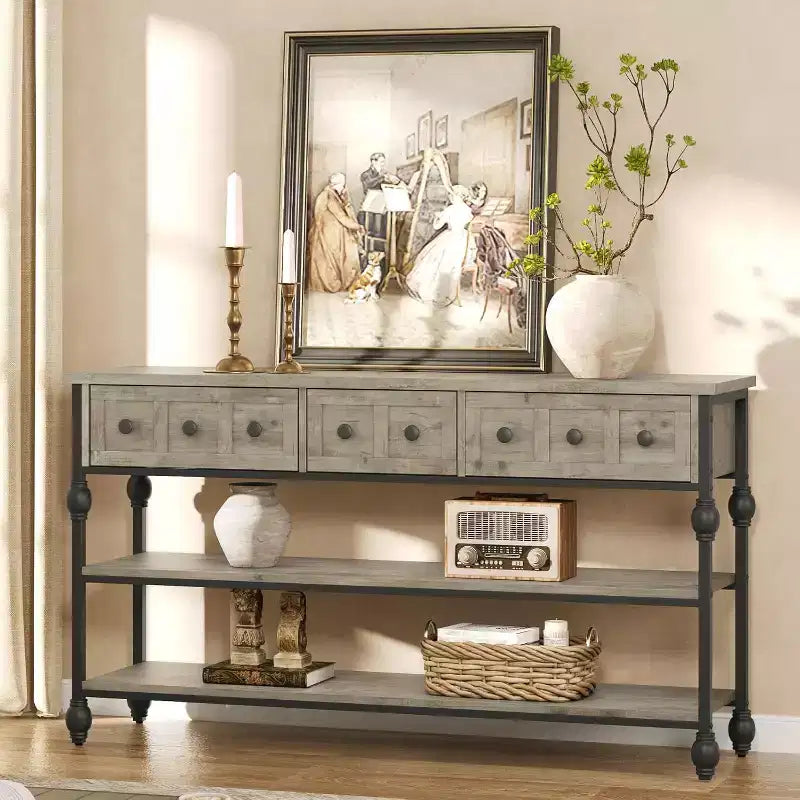 Console industrielle marron/grise, 3 tiroirs et 3 étagères, pour 1