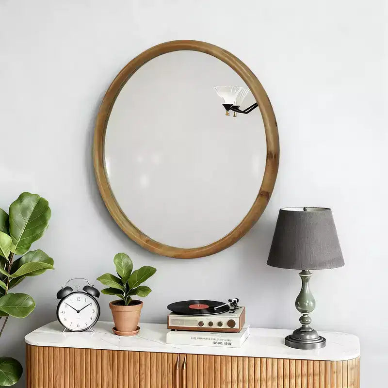 Miroir mural rond – Cadre en bois naturel, 60 cm, marron, 1 personne