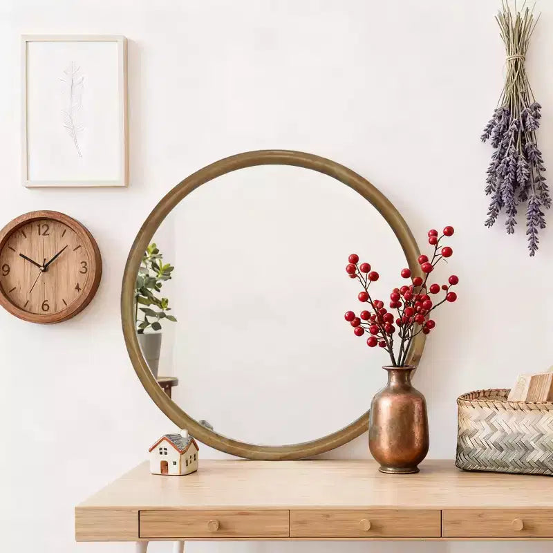 Miroir mural rond – Cadre en bois naturel, 60 cm, marron, 1 personne