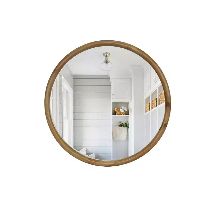 Miroir mural rond – Cadre en bois naturel, 60 cm, marron, 1 personne
