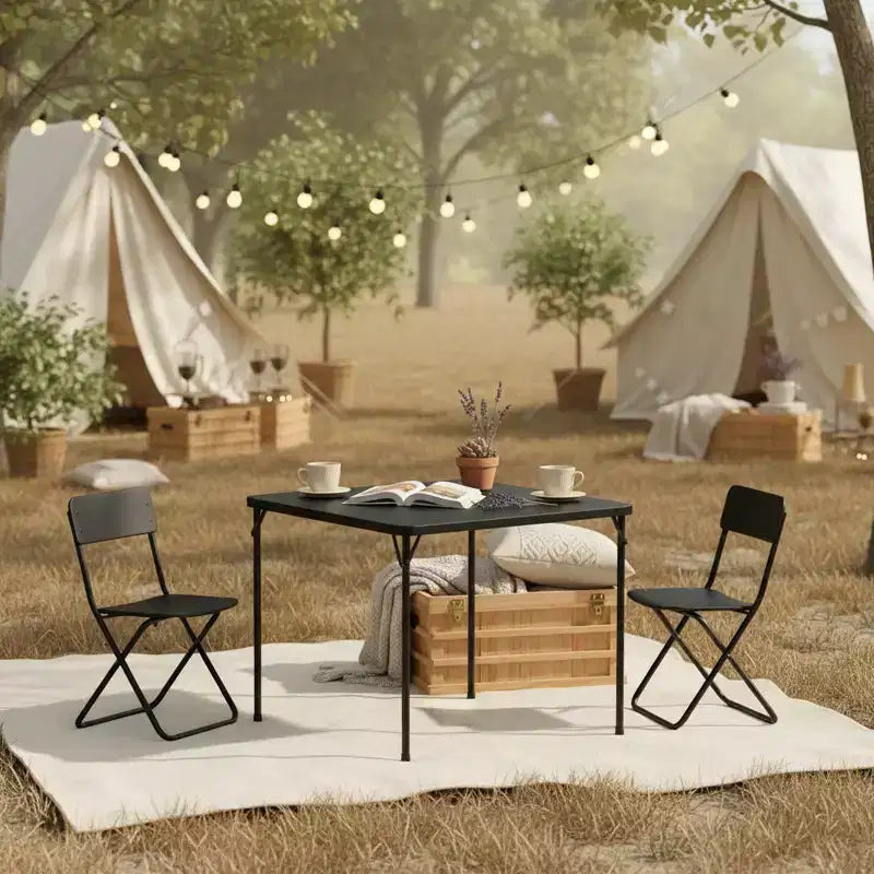 Table pliante carrée noire, 4 personnes, intérieur/extérieur