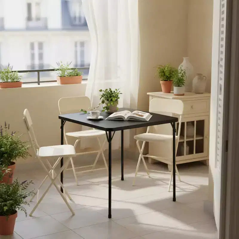 Table pliante carrée noire, 4 personnes, intérieur/extérieur
