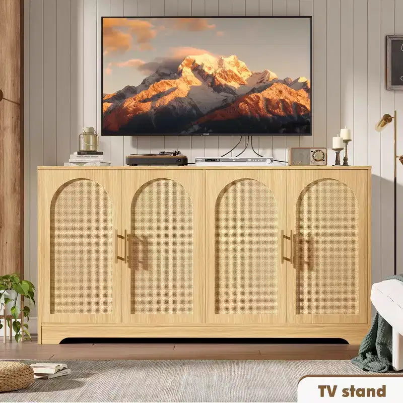 Noir / Marron / Blanc – Buffet en rotin de 150 cm, 4 portes, 2 étagères, Montage par 1 personne